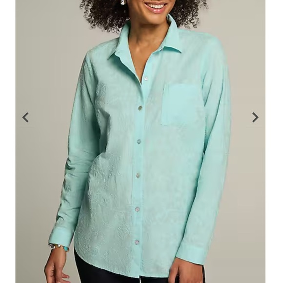 J. Jill Floral Embroidered One-Pocket Button Up Shirred-Back Shirt Sea Mist XL - Picture 2 of 9